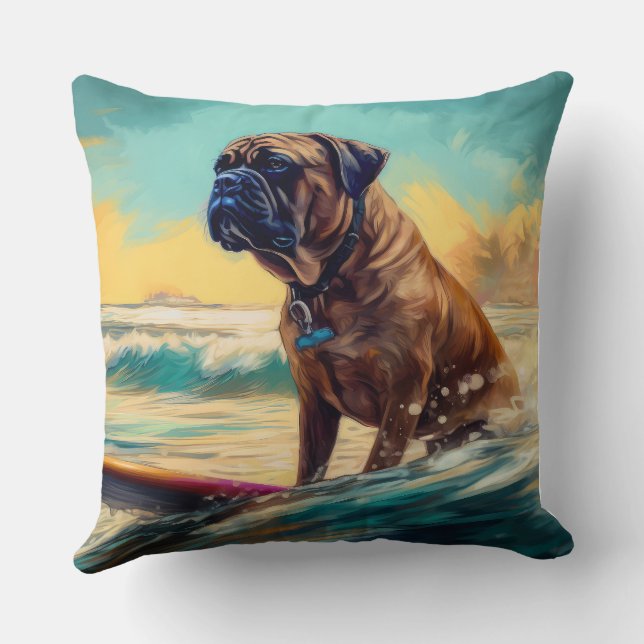Bullmastiff Beach Surfing Painting  Cushion (Back)