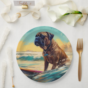 Bullmastiff Beach Surfing Painting Paper Plate