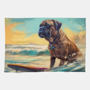 Bullmastiff Beach Surfing Painting  Tea Towel