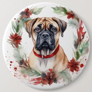 Bullmastiff Christmas Wreath Festive Pup 6 Cm Round Badge