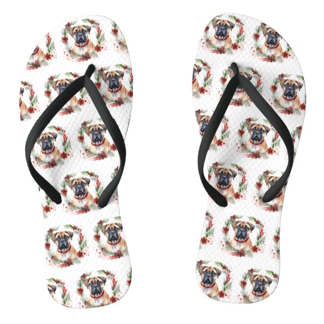Bullmastiff Christmas Wreath Festive Pup  Jandals (Footbed)