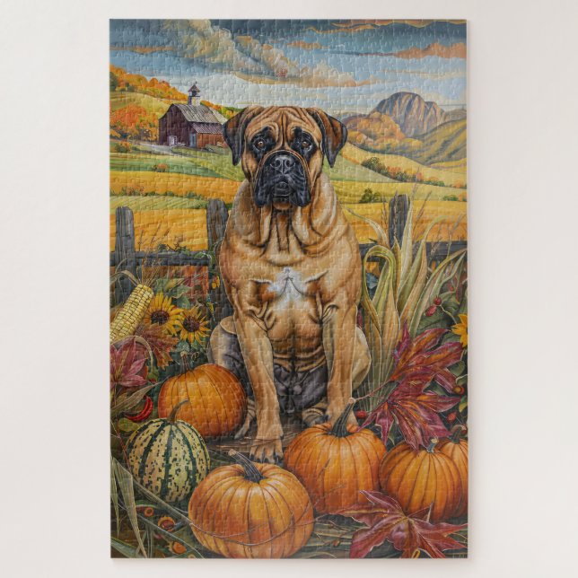 Bullmastiff Dog Autumn Harvest Thanksgiving Jigsaw Puzzle (Vertical)
