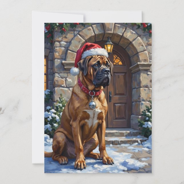 Bullmastiff Dog Guardian of Christmas Manor Art Holiday Card (Front)
