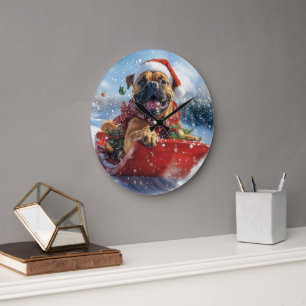 Bullmastiff Dog in Sledge Let it Snow Christmas Large Clock