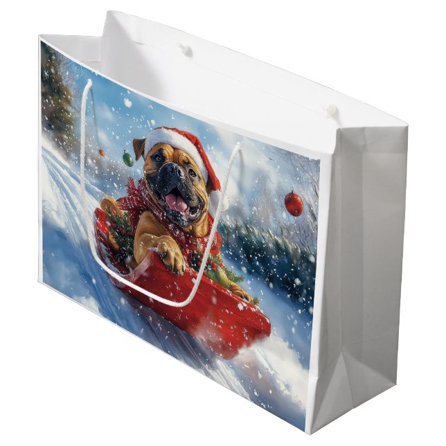 Bullmastiff Dog in Sledge Let it Snow Christmas Large Gift Bag (Front Angled)