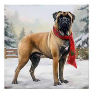 Bullmastiff Dog in Snow Christmas Poster