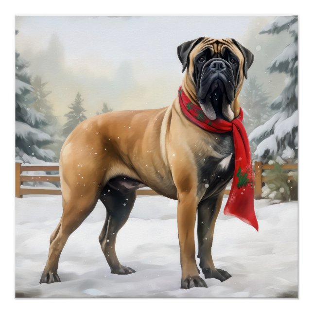 Bullmastiff Dog in Snow Christmas Poster (Front)