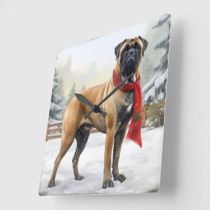 Bullmastiff Dog in Snow Christmas Square Wall Clock