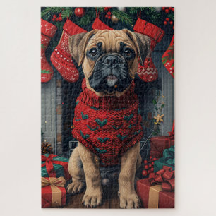 Bullmastiff Dog with Christmas Gifts Fireplace Jigsaw Puzzle