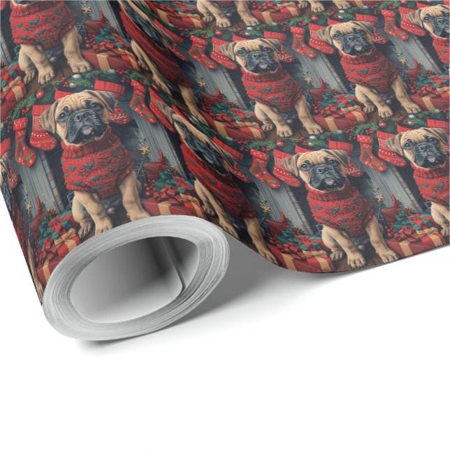 Bullmastiff Dog with Christmas Gifts Fireplace Wrapping Paper (Roll Corner)