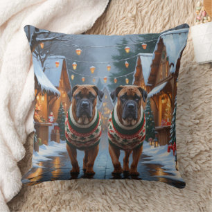 Bullmastiff Dogs Christmas Snow Holiday  Cushion