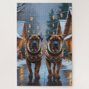 Bullmastiff Dogs Christmas Snow Holiday  Jigsaw Puzzle