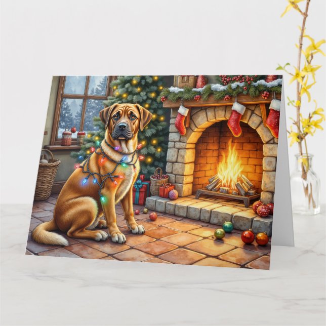 Bullmastiff Fireplace with Christmas Lights Card (Yellow Flower)