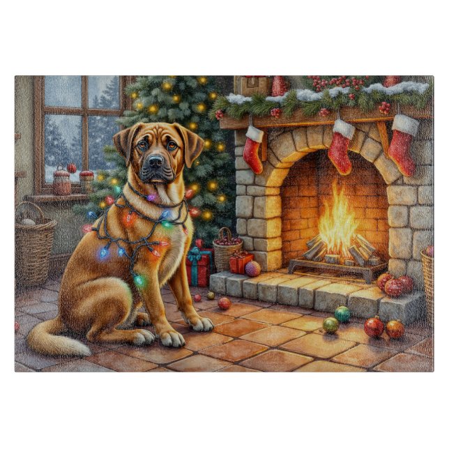 Bullmastiff Fireplace with Christmas Lights Cutting Board (Front)