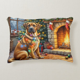 Bullmastiff Fireplace with Christmas Lights Decorative Cushion