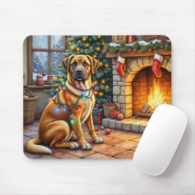 Bullmastiff Fireplace with Christmas Lights Mouse Pad (With Mouse)