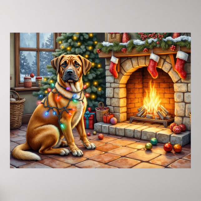 Bullmastiff Fireplace with Christmas Lights Poster (Front)