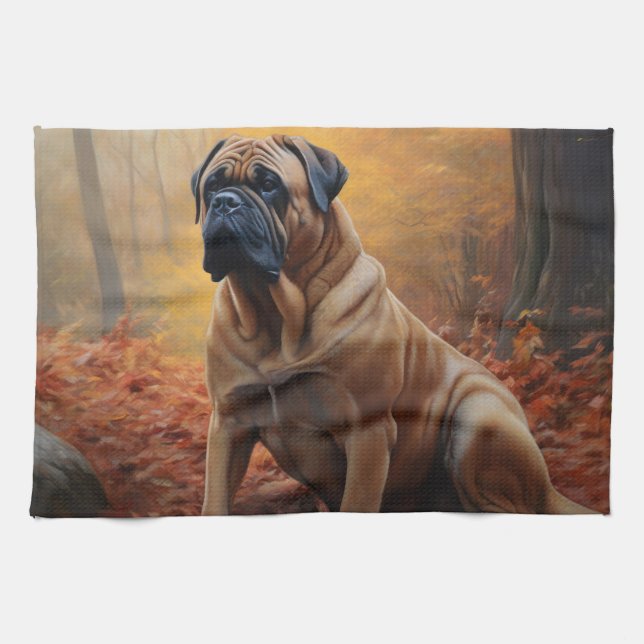 Bullmastiff  in Autumn Leaves Fall Inspire Tea Towel (Horizontal)