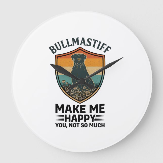 Bullmastiff Make Me Happy Dog Shield Retro Sunset Large Clock (Front)