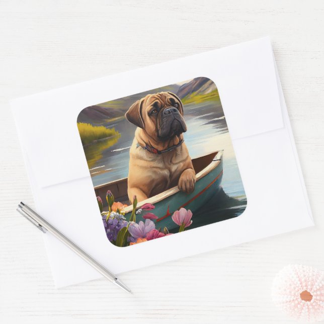 Bullmastiff on a Paddle: A Scenic Adventure Square Sticker (Envelope)