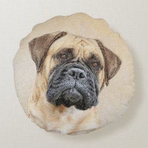 Bullmastiff Painting - Cute Original Dog Art Round Cushion