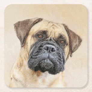 Bullmastiff Painting - Cute Original Dog Art Square Paper Coaster