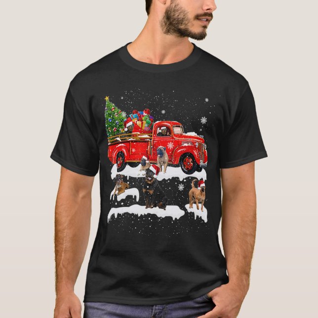 Bullmastiff Riding Red Truck Xmas Merry T-Shirt (Front)