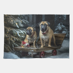 Bullmastiff Snowy Sleigh Christmas Decor Tea Towel