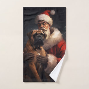Bullmastiff With Santa Claus Festive Christmas  Bath Towel Set