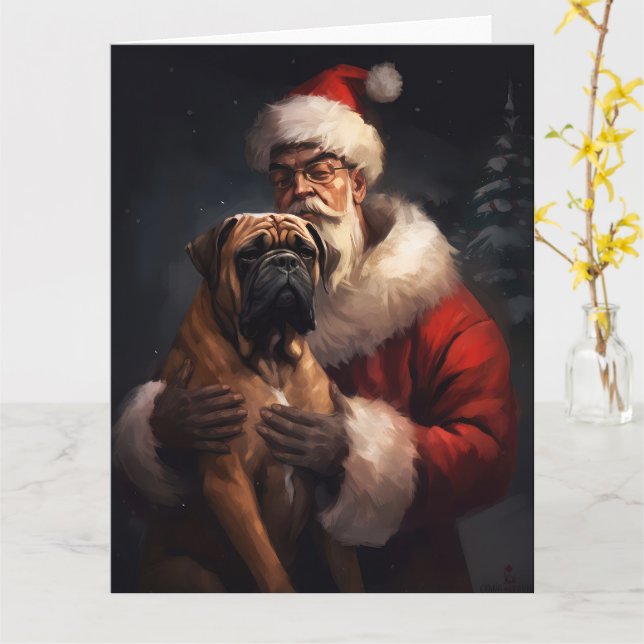 Bullmastiff With Santa Claus Festive Christmas  Card (Yellow Flower)