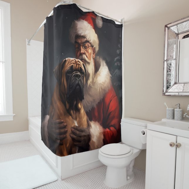 Bullmastiff With Santa Claus Festive Christmas  Shower Curtain (In Situ)