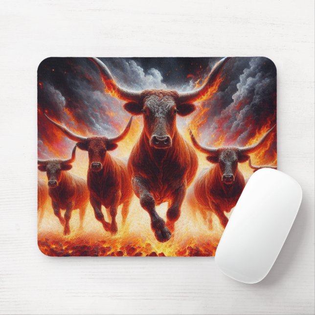 Bulls Charging Through a Fiery Landscape Mouse Pad (With Mouse)