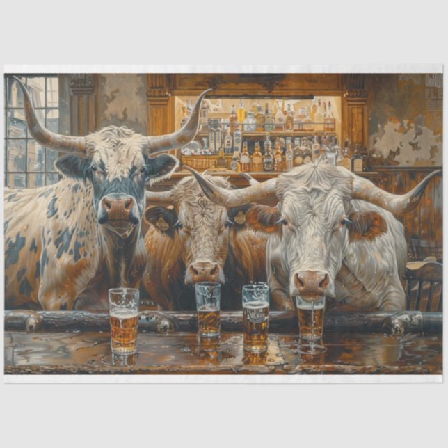 Bulls-Cows in a Western Saloon Decoupage Tissue Paper (Front)