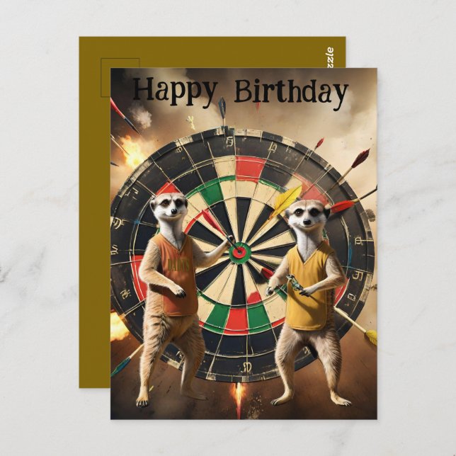 Bullseye Burrow: Meerkat Dart Players, Birthday  Postcard (Front/Back)