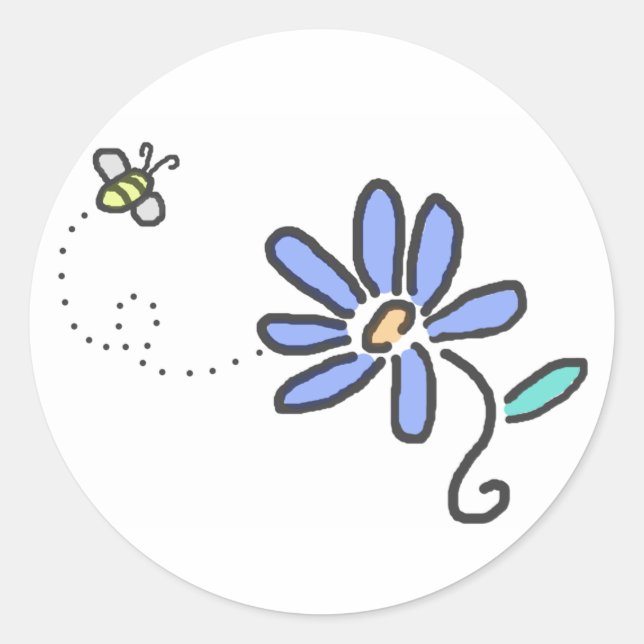 Bumble Bee and Blue Flower Classic Round Sticker (Front)