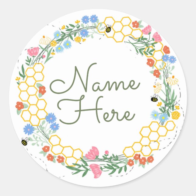 Bumble Bee and Flower Illustrated Classic Round Sticker (Front)
