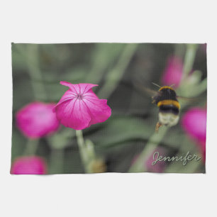 Bumble Bee And Pink Flower Photo With Name Tea Towel