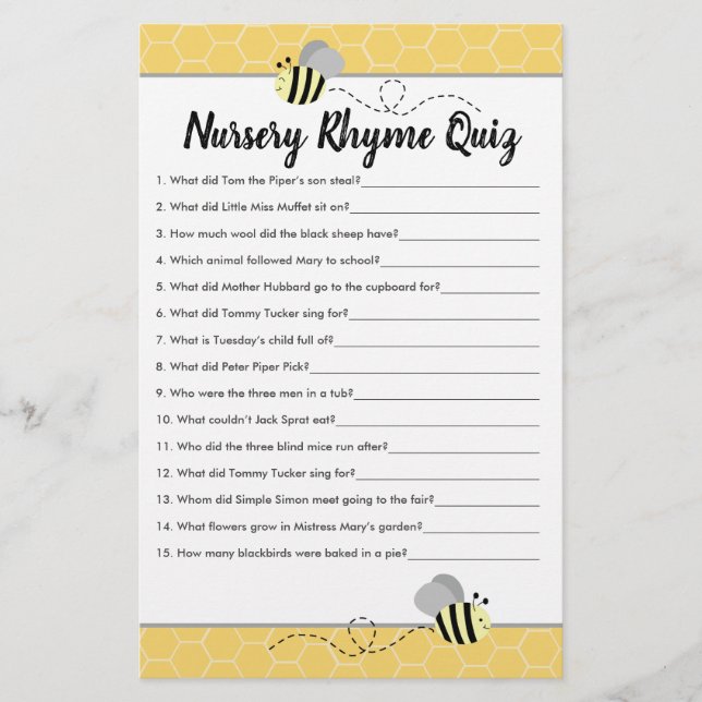 Bumble Bee Baby Shower Nursery Rhyme Quiz (Front)