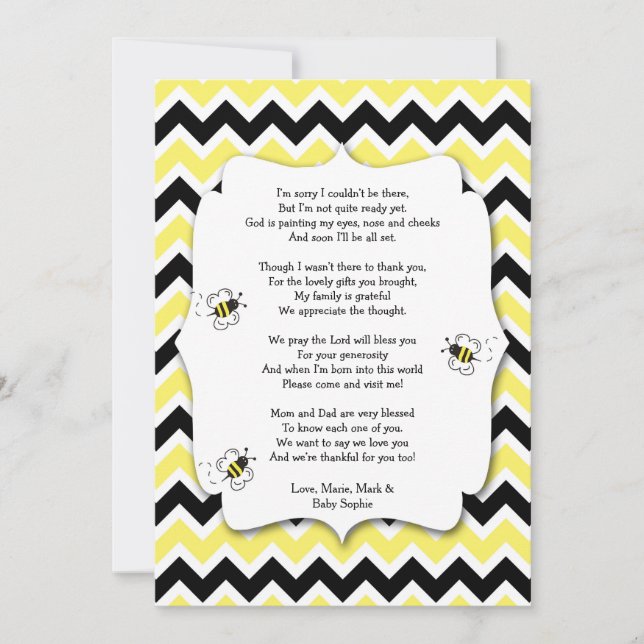 Bumble Bee Baby Shower Thank You Note with poem (Front)