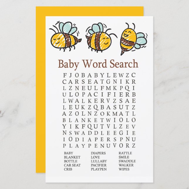Bumble Bee Baby Shower Word Search Game (Front/Back)