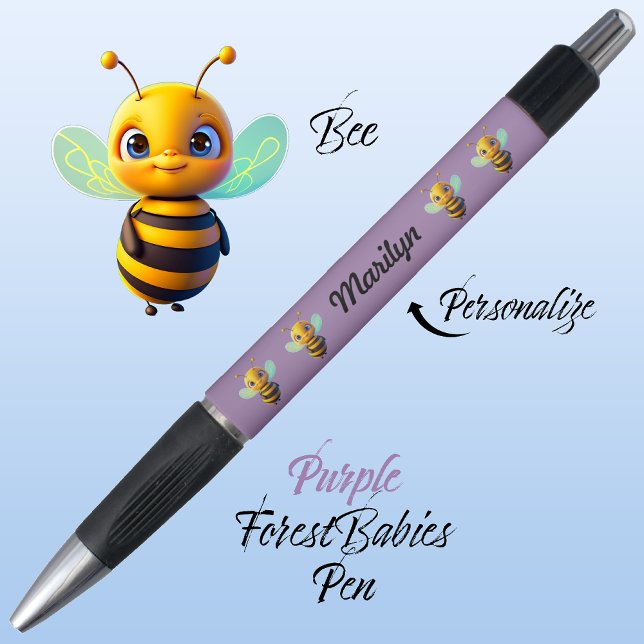 Bumble Bee, Cute Unique Whimsical Honey Bee Purple (Cute Whimsical Bee Cartoon Graphic, Purple Personalizable ForestBabies Pen 🐝)