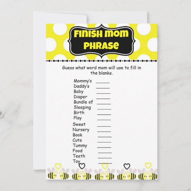 Bumble Bee Finish Mummy's Phrases Baby Shower Game (Front)