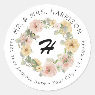 Bumble Bee Floral Blush Yellow Watercolor Address Classic Round Sticker