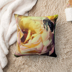 Bumble Bee Flying Into Pink Rose Close Up  Cushion