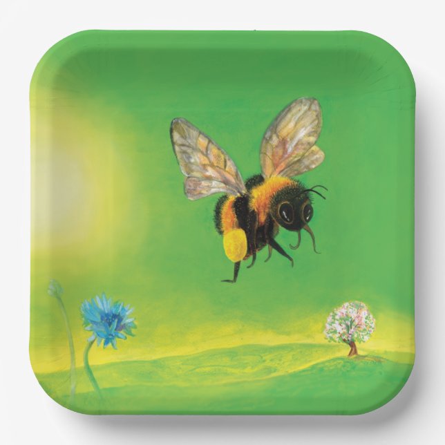 Bumble Bee Flying Over a Flowering Meadow Paper Plate (Front)