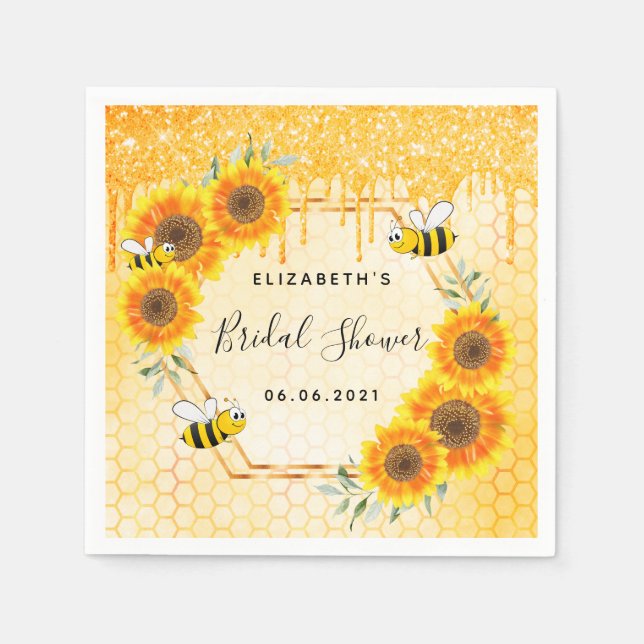 Bumble bee gold glitter sunflowers bridal shower napkin (Front)
