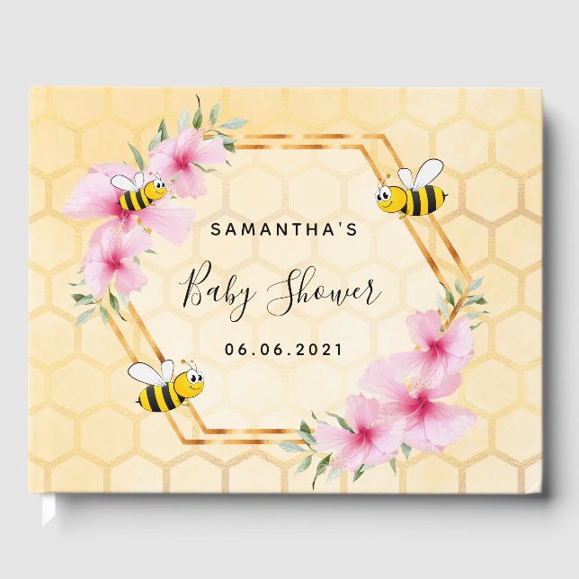 Bumble bee honeycomb pink florals baby shower guest book (Front)