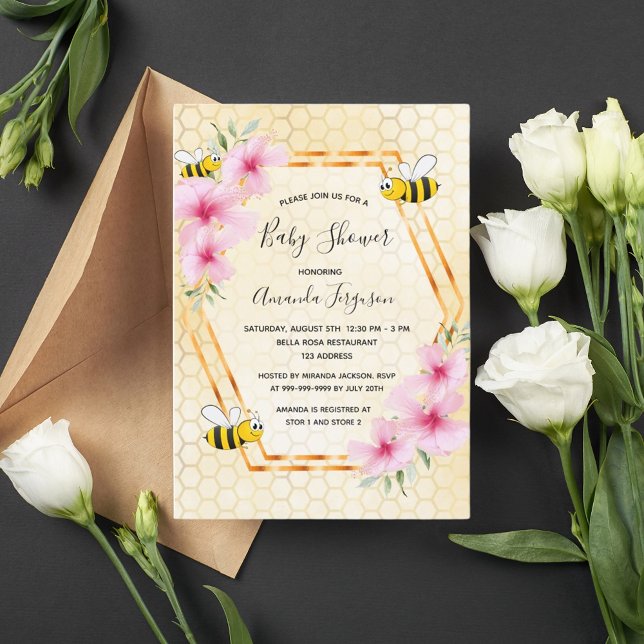 Bumble bee honeycomb pink florals baby shower invitation (Creator Uploaded)