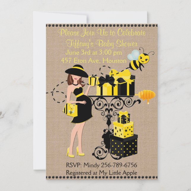 Bumble Bee Lady Yellow Black Baby Shower Invite (Front)