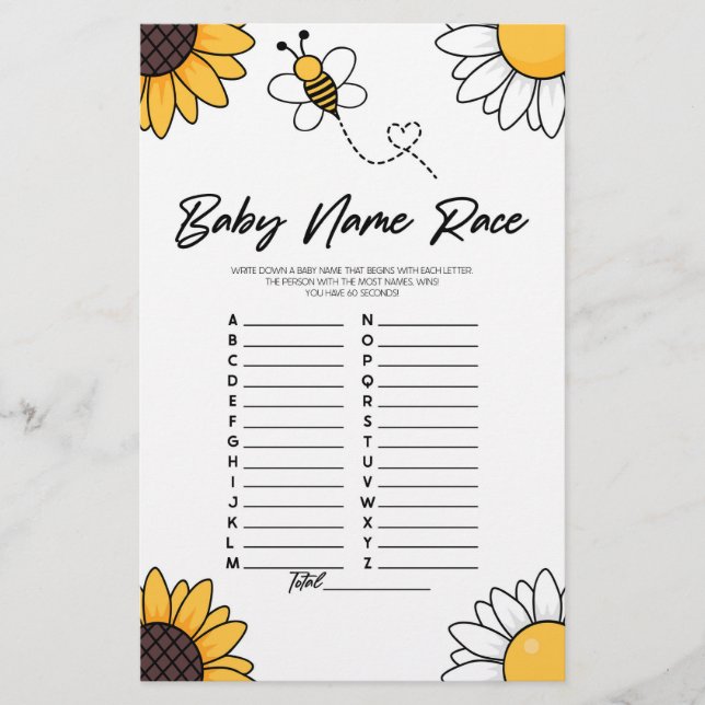Bumble Bee Name Race Baby Shower Game Activity Stationery (Front)